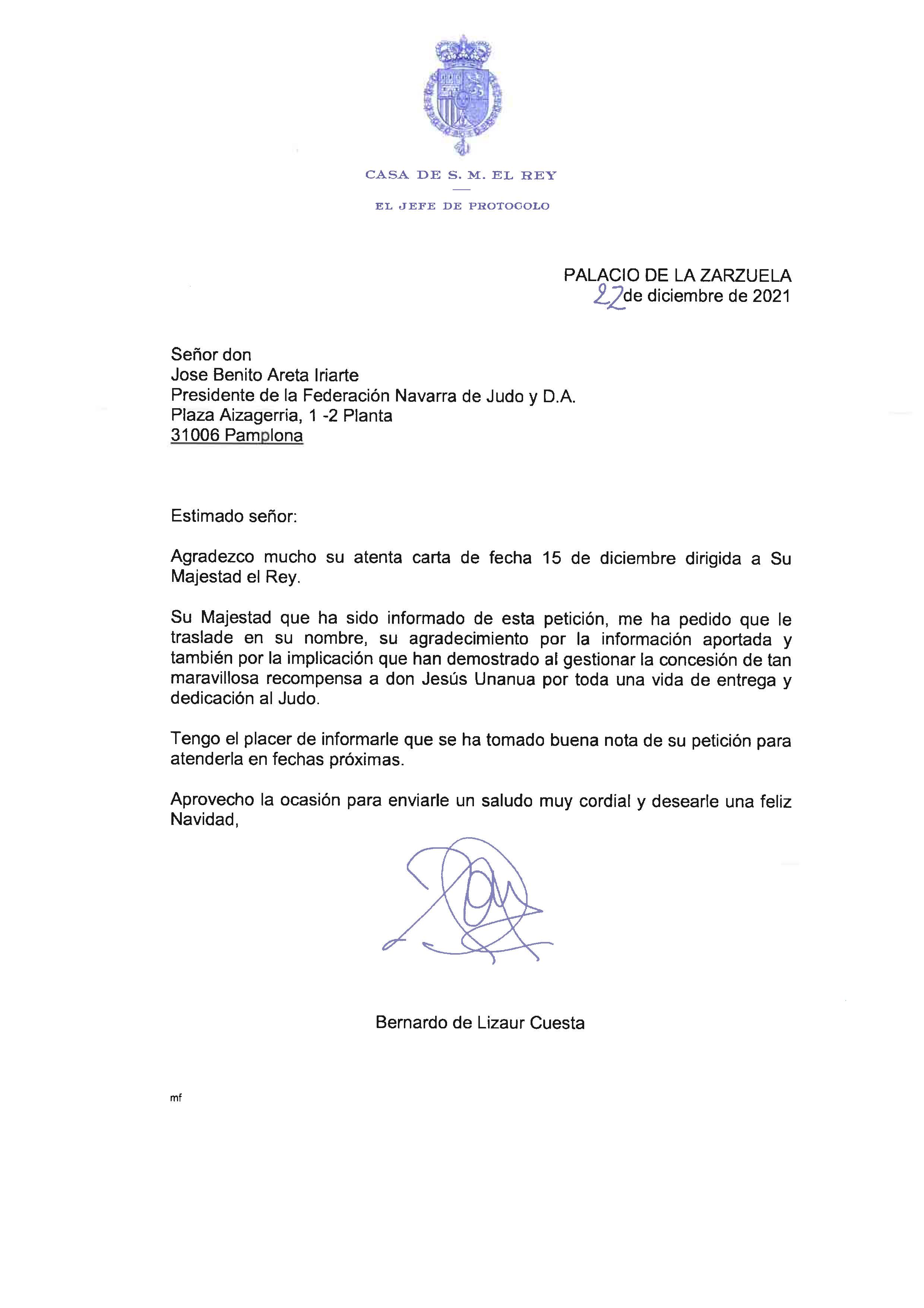 JESUS UNANUA RECIBE LA FELICITACI&Oacute;N DE S.M. EL REY FELIPE VI POR LA MEDALLA DE ORO AL MERITO DEPORTIVO DE LA RFEJYDA, QUE RECIBI&Oacute; EL PASADO 11 DE DICIEMBRE.